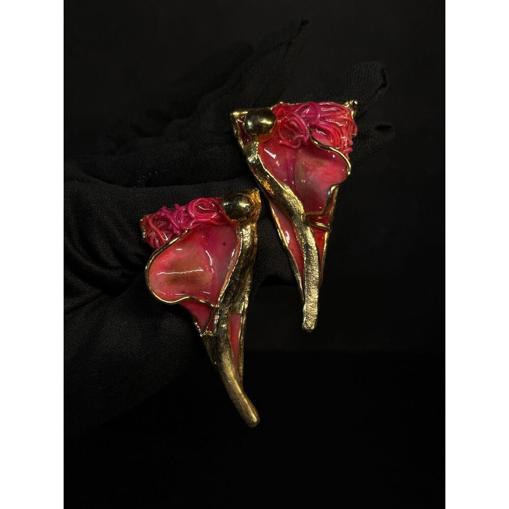 Krementz Lacombe 1988 Pink Enamel Earrings Gold Tone 2.5"